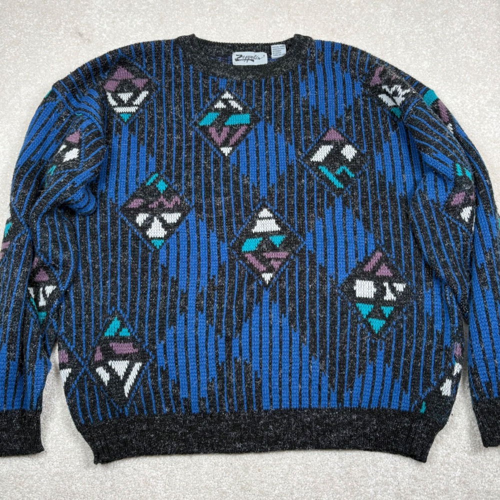 Vintage Zeppelin Mens XL Geometric Diamond Stripe Knit Sweater Blue Black 80s